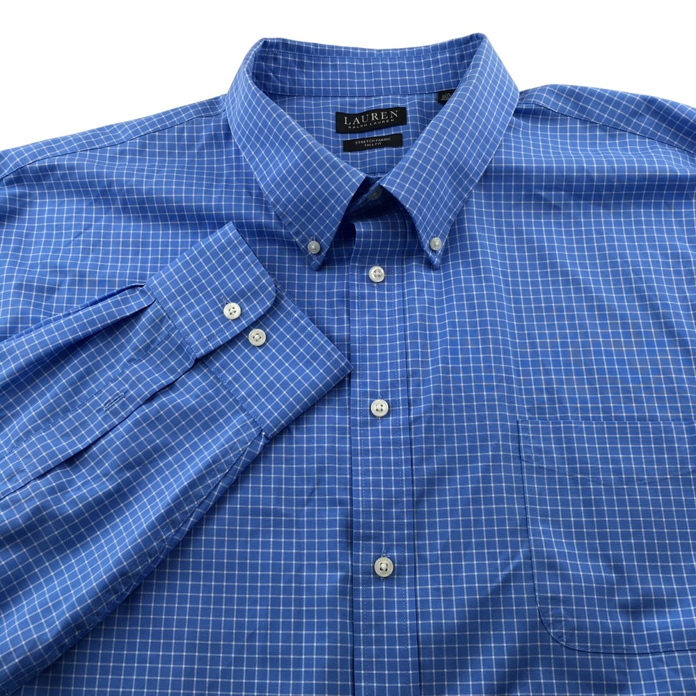 Lauren Ralph Lauren Dress Shirt Men 20 36/37 Blue Graph Check Stretch Tall Fit
